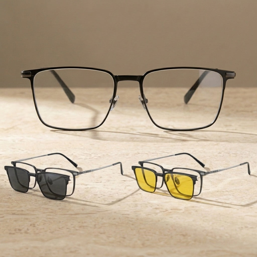 Chashma Ochki Men's Full Rim Square Titanium Eyeglasses Clip On Sunglasses 888002 - Black — view 1 | Chashma Ochki at FuzWeb
