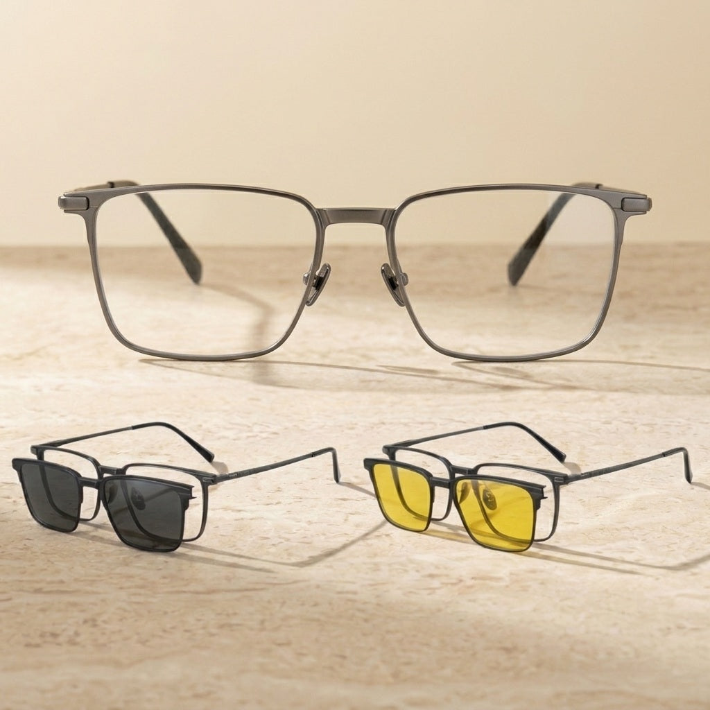 Chashma Ochki Men's Full Rim Square Titanium Eyeglasses Clip On Sunglasses 888002 - Gray — view 2 | Chashma Ochki at FuzWeb