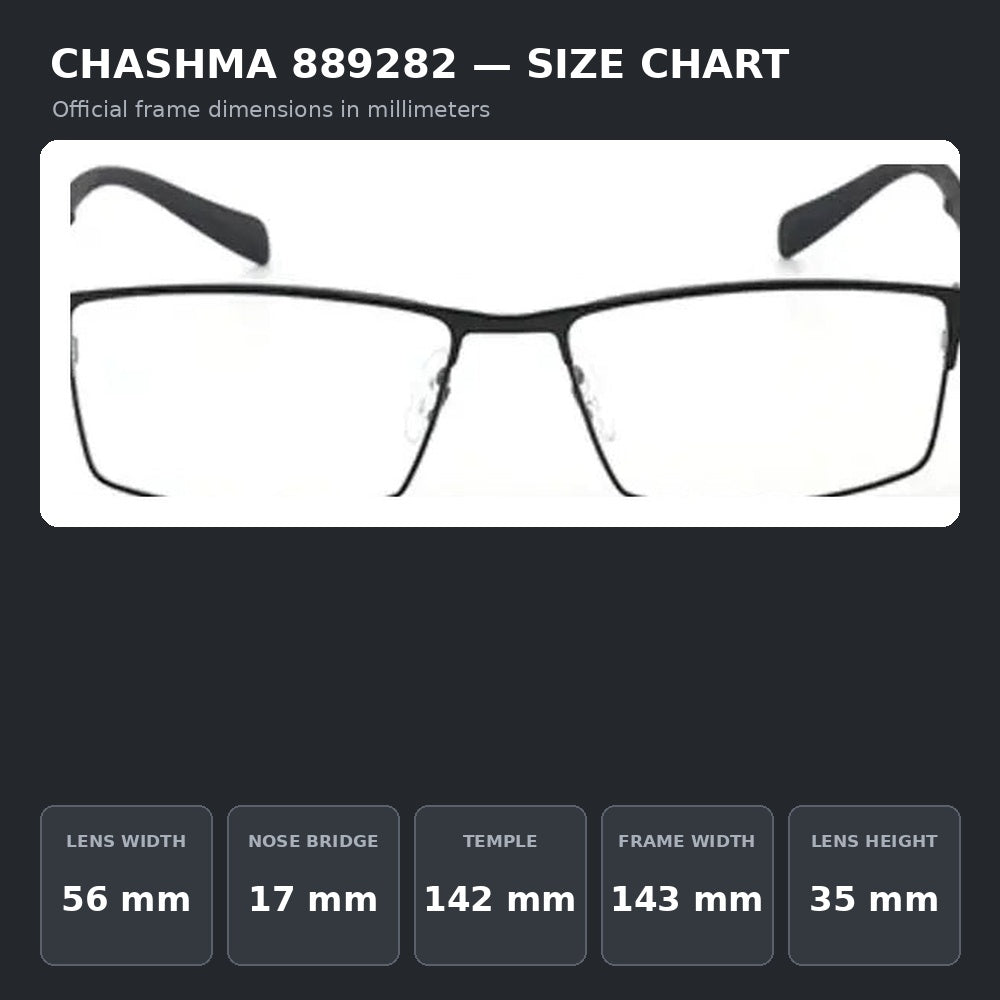 Chashma Ochki 889282 Eyeglasses — Frame Dimensions and Sizing Chart