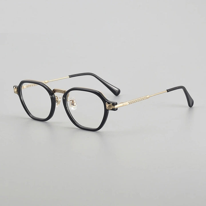 Chashma Ochki Unisex Full Rim Polygon Acetate Titanium Eyeglasses 22009 - Black-Gold