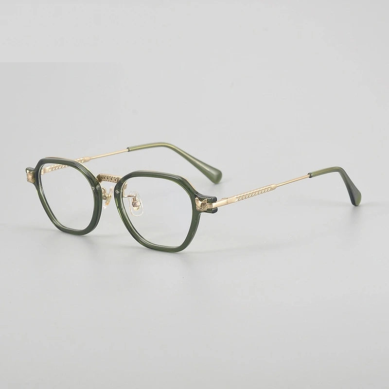 Chashma Ochki Unisex Full Rim Polygon Acetate Titanium Eyeglasses 22009 - Green-Gold