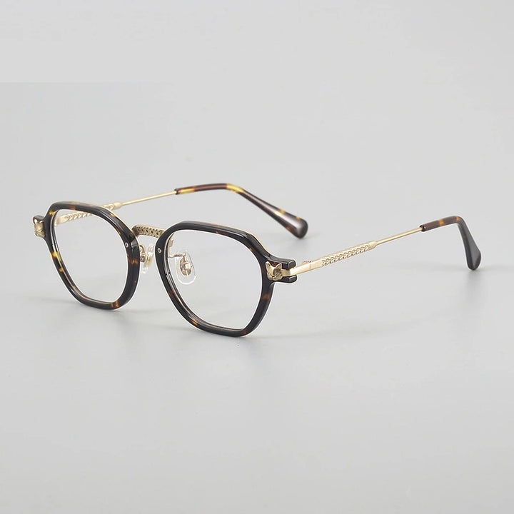Chashma Ochki Unisex Full Rim Polygon Acetate Titanium Eyeglasses 22009 - Leopard-Gold