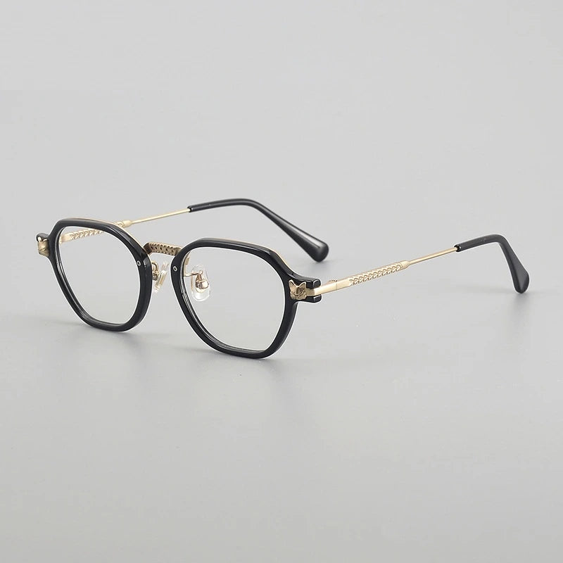 Chashma Ochki Unisex Full Rim Poygon Titanium Acetate Eyeglasses 361009 - Black-Gold