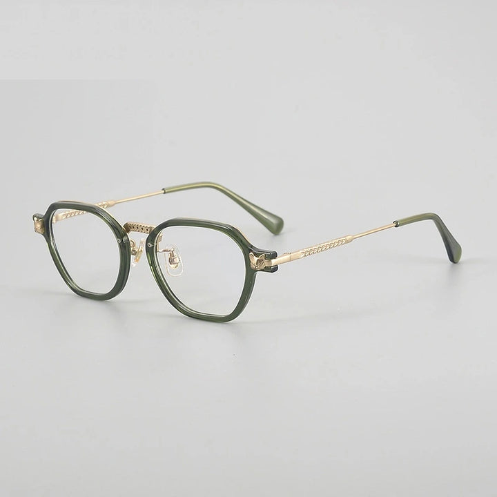 Chashma Ochki Unisex Full Rim Poygon Titanium Acetate Eyeglasses 361009 - Green-Gold