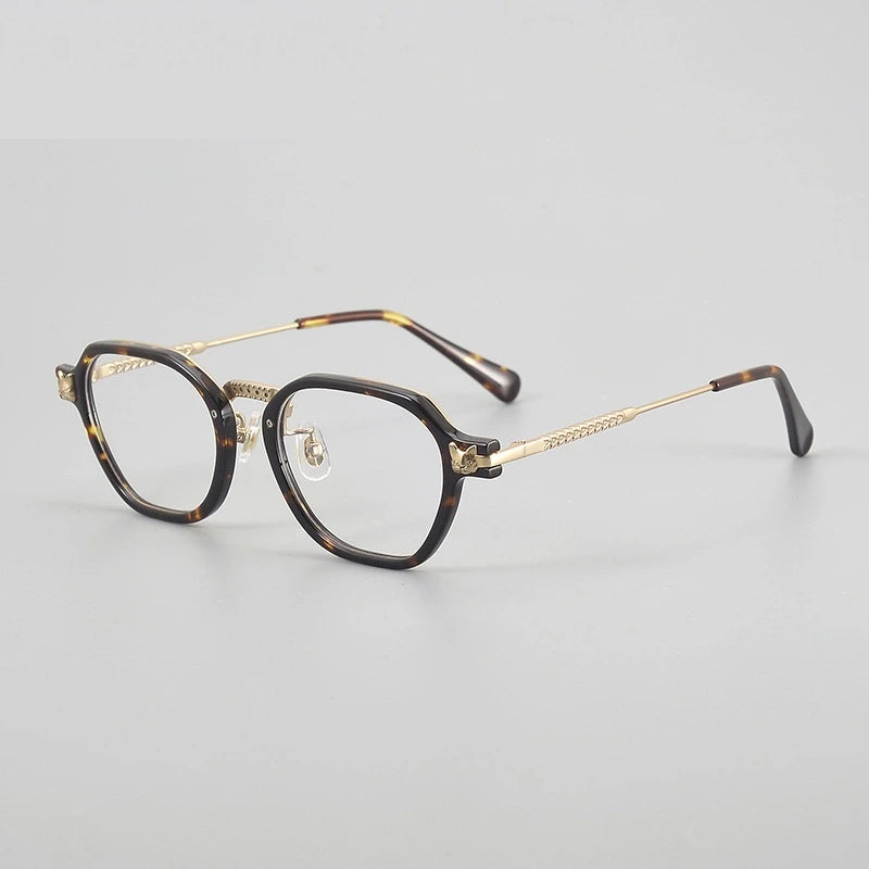 Chashma Ochki Unisex Full Rim Poygon Titanium Acetate Eyeglasses 361009 - Leopard-Gold