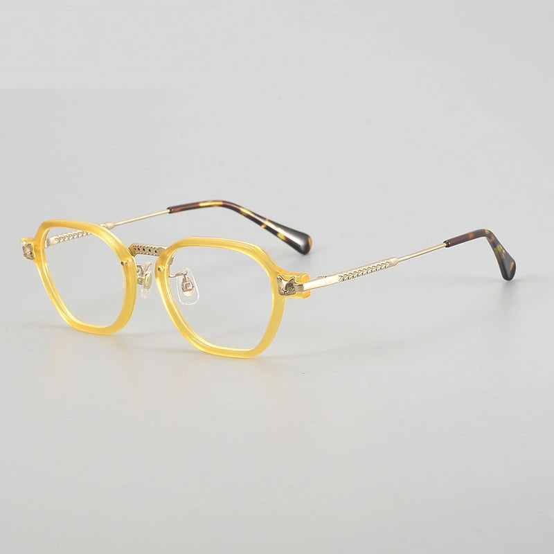 Chashma Ochki Unisex Full Rim Poygon Titanium Acetate Eyeglasses 361009 - Yellow-Gold