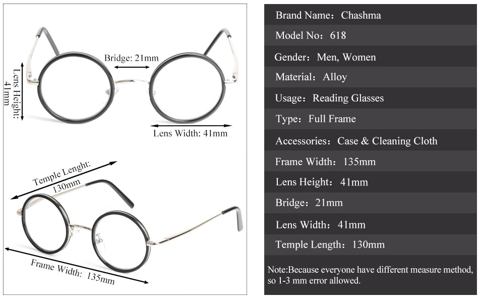 Chashma Ochki Unisex Full Rim Round Alloy Reading Glasses 618 - Size Chart