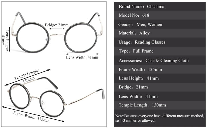 Chashma Ochki Unisex Full Rim Round Alloy Reading Glasses 618 - Size Chart