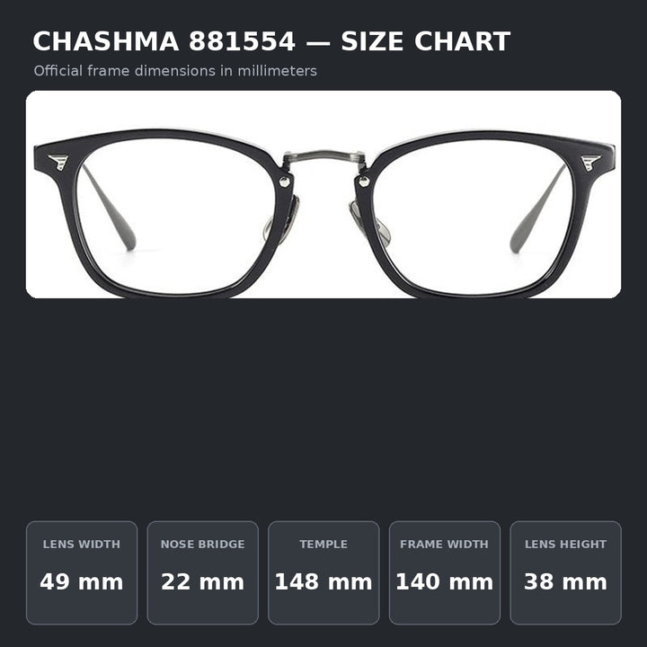 Chashma Ochki 881554 Eyeglasses — Frame Dimensions and Sizing Chart
