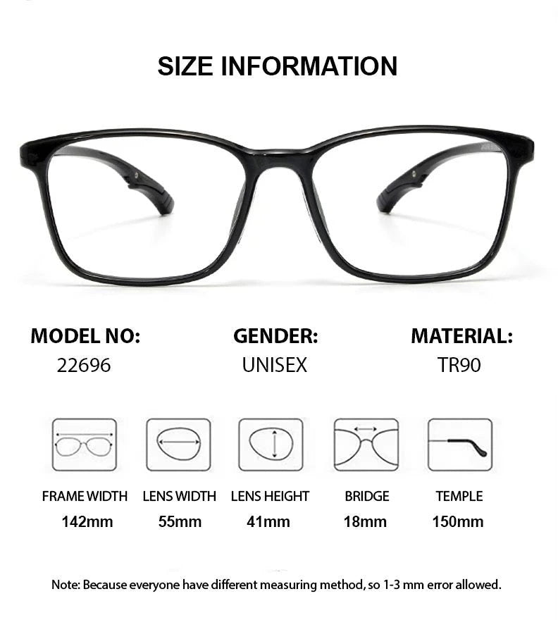 Chashma Ochki Unisex Full Rim Square Brow Line Tr 90 Eyeglasses 822696 - Size Chart