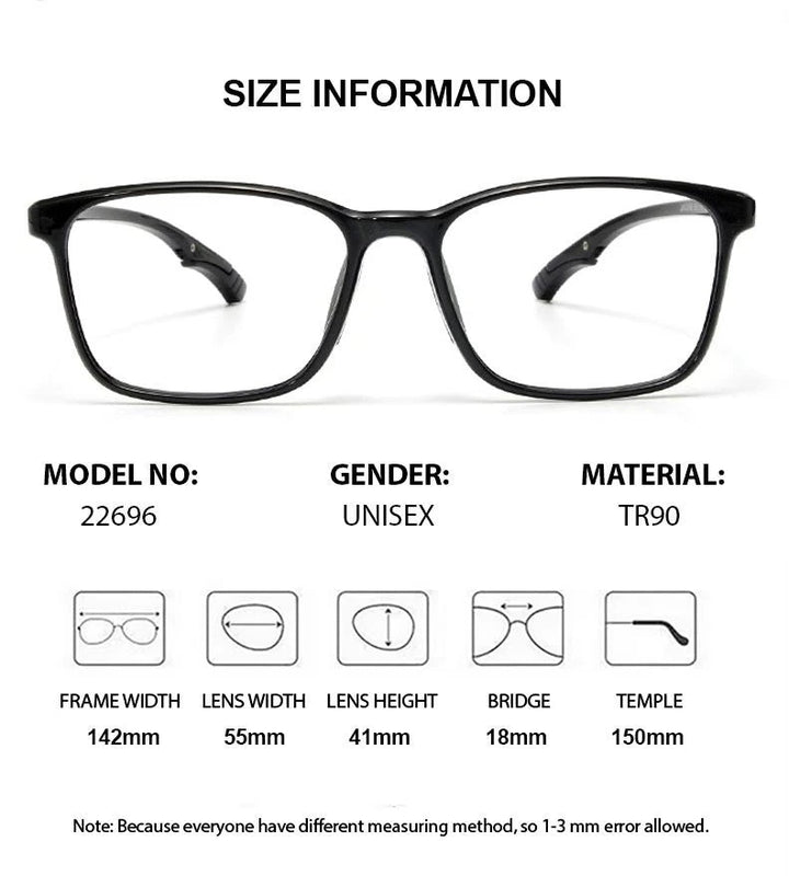 Chashma Ochki Unisex Full Rim Square Brow Line Tr 90 Eyeglasses 822696 - Size Chart