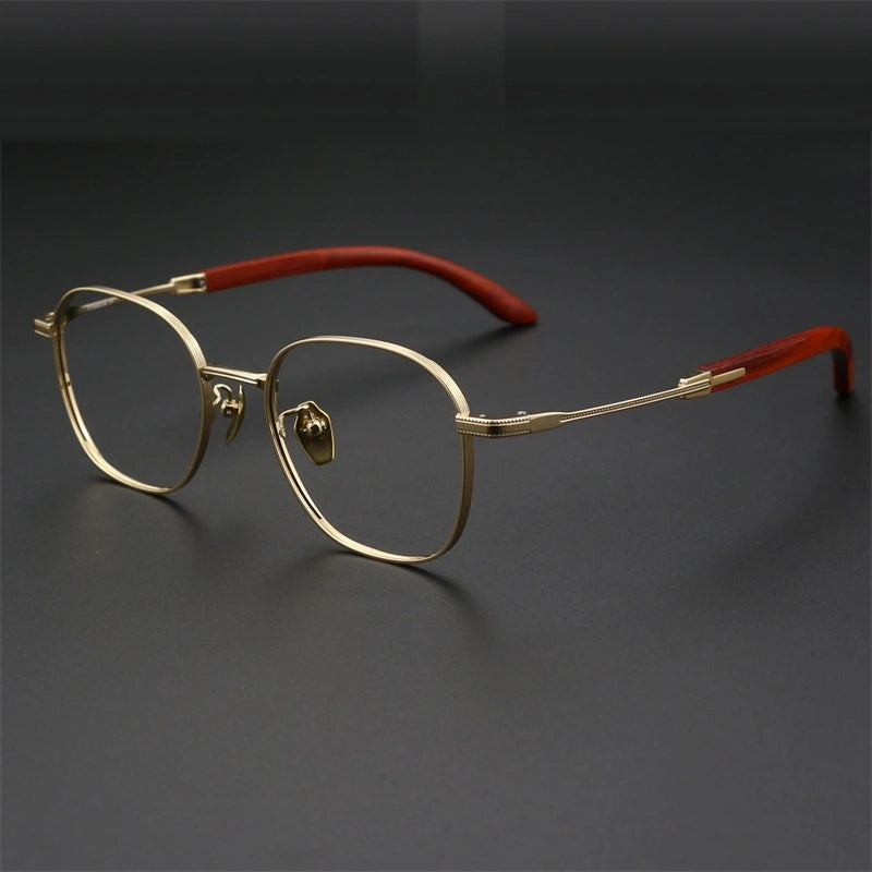 Chashma Ochki Unisex Full Rim Square Titanium Wood Eyeglasses 312330 - Gold
