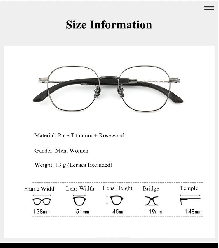 Chashma Ochki Unisex Full Rim Square Titanium Wood Eyeglasses 312330 - Size Chart