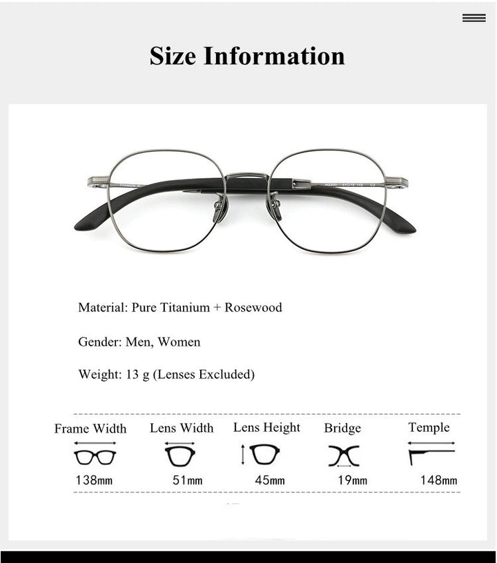 Chashma Ochki Unisex Full Rim Square Titanium Wood Eyeglasses 312330 - Size Chart