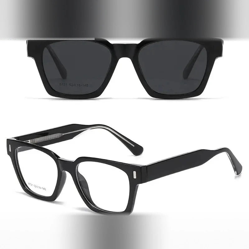 Chashma Ochki Unisex Full Rim Square Tr 90 Acetate Eyeglasses Clip On Sunglasses 938731 - Black-Gray Lens
