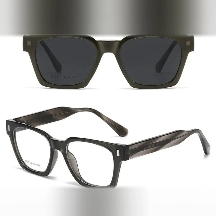 Chashma Ochki Unisex Full Rim Square Tr 90 Acetate Eyeglasses Clip On Sunglasses 938731 - Gray-Gray Lens