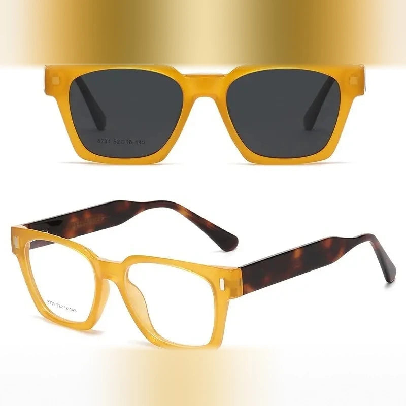 Chashma Ochki Unisex Full Rim Square Tr 90 Acetate Eyeglasses Clip On Sunglasses 938731 - Yellow-Gray Lens