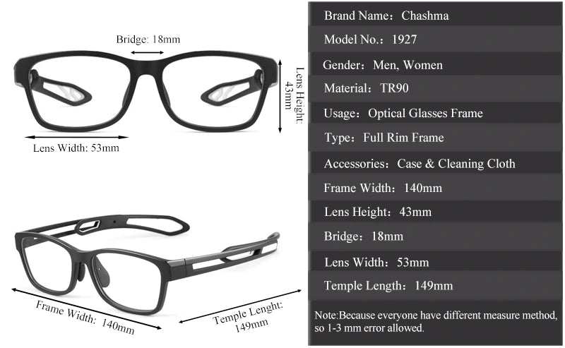 Chashma Ochki Unisex Full Rim Square Tr 90 Titanium Sport Eyeglasses 1927 - Size Chart