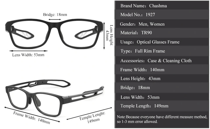 Chashma Ochki Unisex Full Rim Square Tr 90 Titanium Sport Eyeglasses 1927 - Size Chart