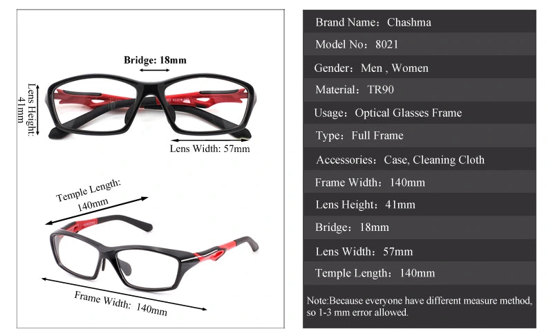 Chashma Ochki Unisex Full Rim Square Tr 90 Titanium Eyeglasses 318021 - Size Chart