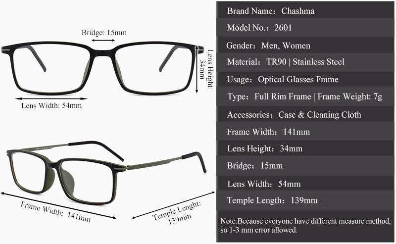 Chashma Ochki Unisex Full Rim Square Ultem Tr 90 Stainless Steel Eyeglasses 2601 - Size Chart