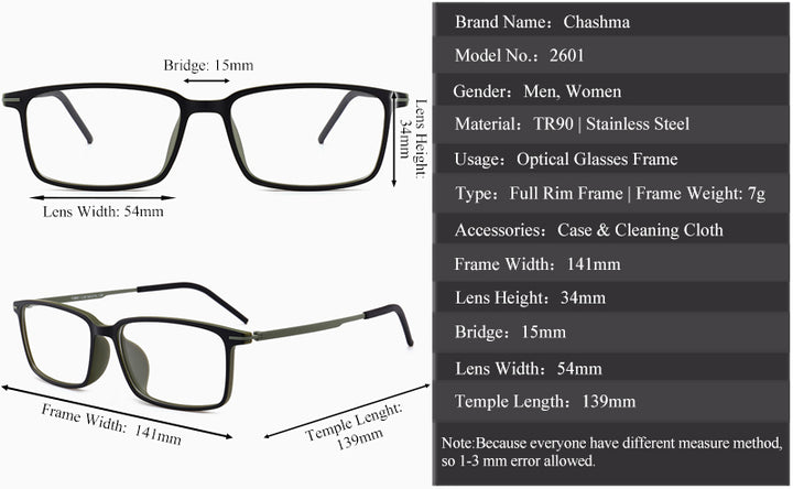 Chashma Ochki Unisex Full Rim Square Ultem Tr 90 Stainless Steel Eyeglasses 2601 - Size Chart
