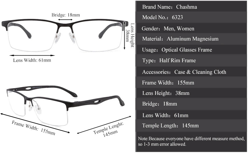 Chashma Ochki Unisex Large Semi Rim Square Aluminum Magnesium Sport Eyeglasses 6323 - Size Chart