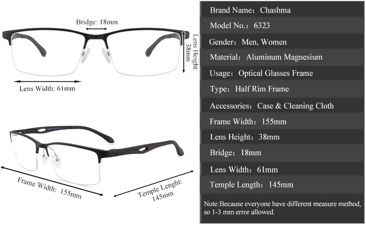 Chashma Ochki Unisex Large Semi Rim Square Aluminum Magnesium Sport Eyeglasses 6323 - Size Chart