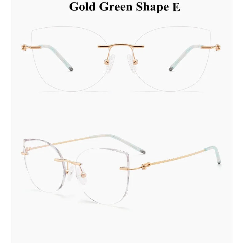 Chashma Ochki Unisex Rimless Cat Eye 3g Titanium Eyeglasses 8587 - Gold Green Shape E