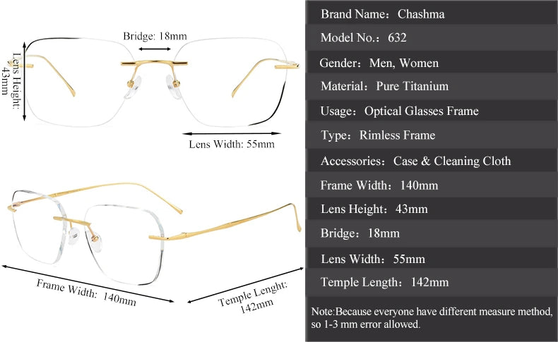 Chashma Ochki Unisex Rimless Polygon Titanium Eyeglasses 881632 - Size Chart