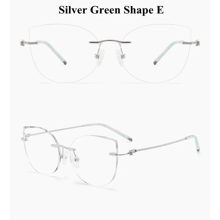 Chashma Ochki Unisex Rimless Round Cat Eye Titanium Eyeglasses 8587 - Silver Green Shape E