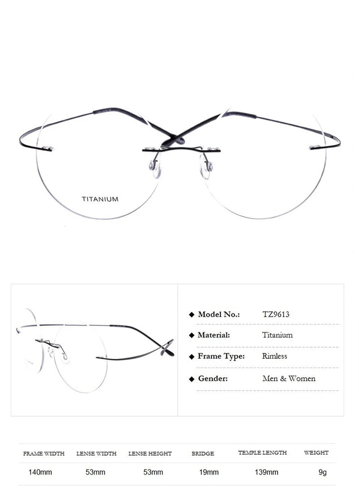 Chashma Ochki Unisex Rimless Round Titanium Eyeglasses 259613 - Size Chart