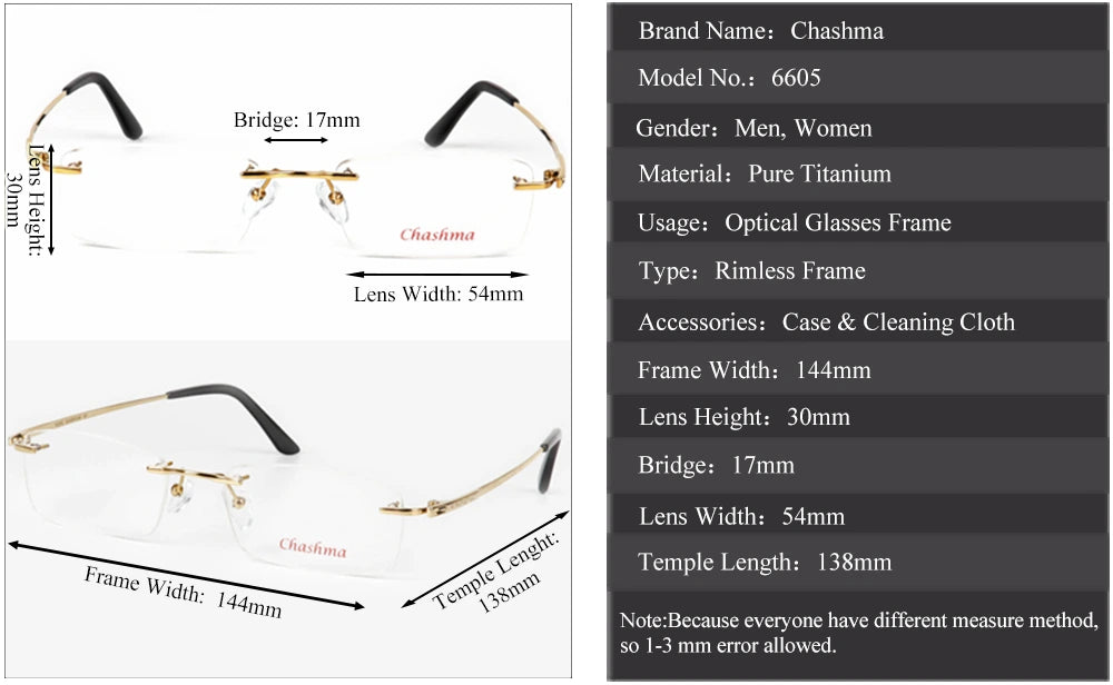 Chashma Ochki Unisex Rimless Square Titanium Eyeglasses 26605 - Size Chart