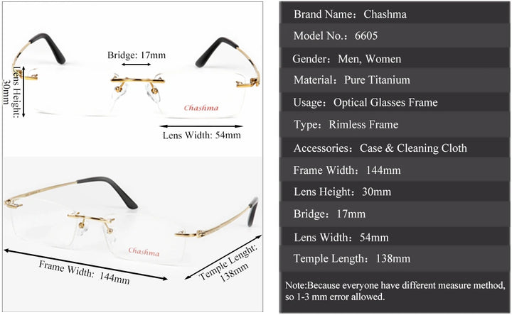 Chashma Ochki Unisex Rimless Square Titanium Eyeglasses 26605 - Size Chart