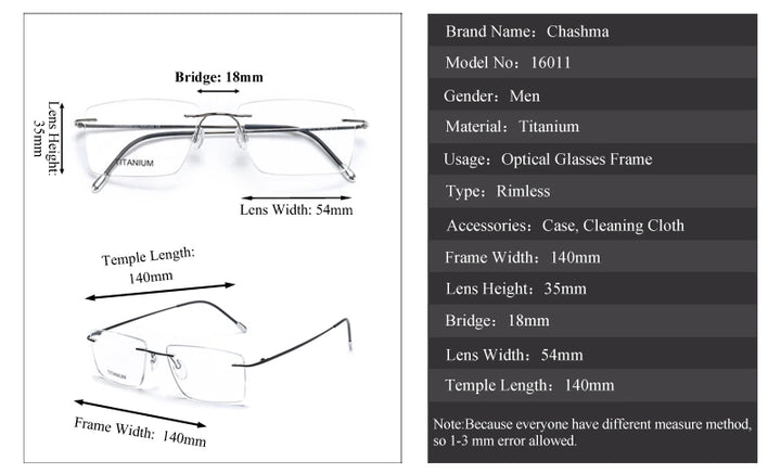 Chashma Ochki Unisex Rimless Square Titanium Eyeglasses 16011 - Size Chart