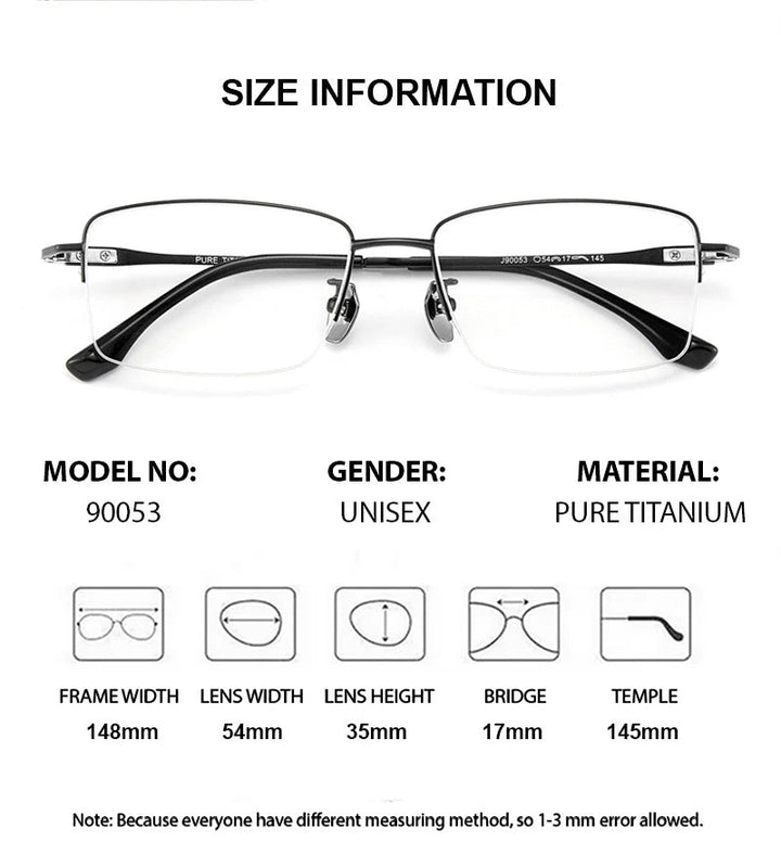 Chashma Ochki Unisex Semi Rim Big Square Titanium Eyeglasses 690053 - Size Chart