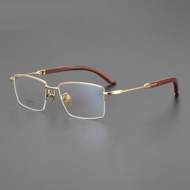 Chashma Ochki Unisex Semi Rim Square Titanium Wood Eyeglasses 312332 - Gold
