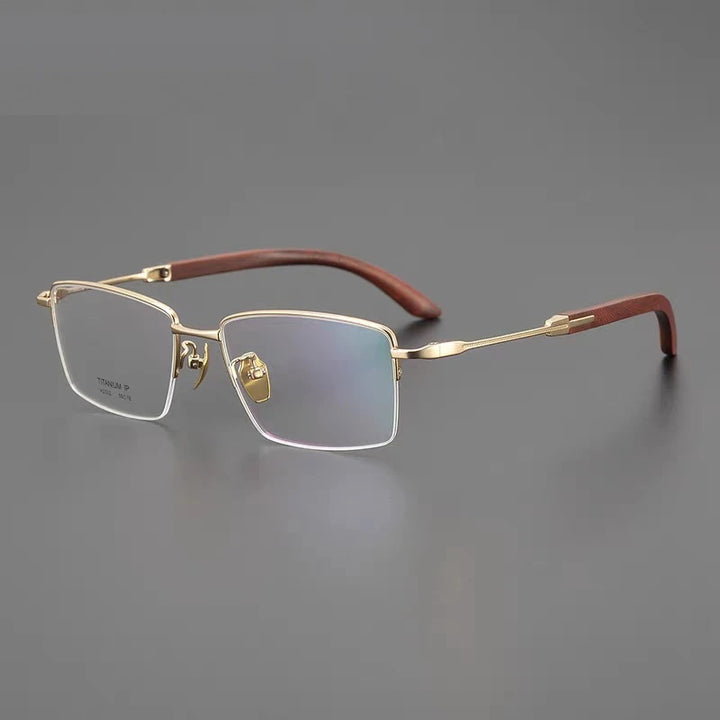 Chashma Ochki Unisex Semi Rim Square Titanium Wood Eyeglasses 312332 - Gold