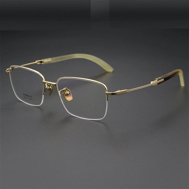 Chashma Ochki Unisex Semi Rim Square Titanium Horn Eyeglasses 312326 - Gold