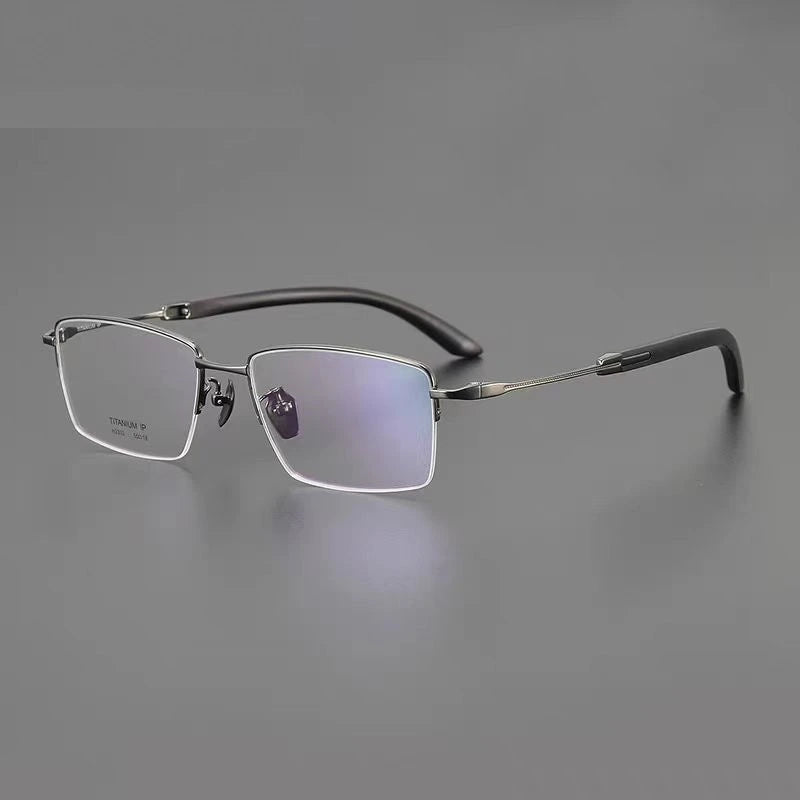 Chashma Ochki Unisex Semi Rim Square Titanium Wood Eyeglasses 312332 - Gray
