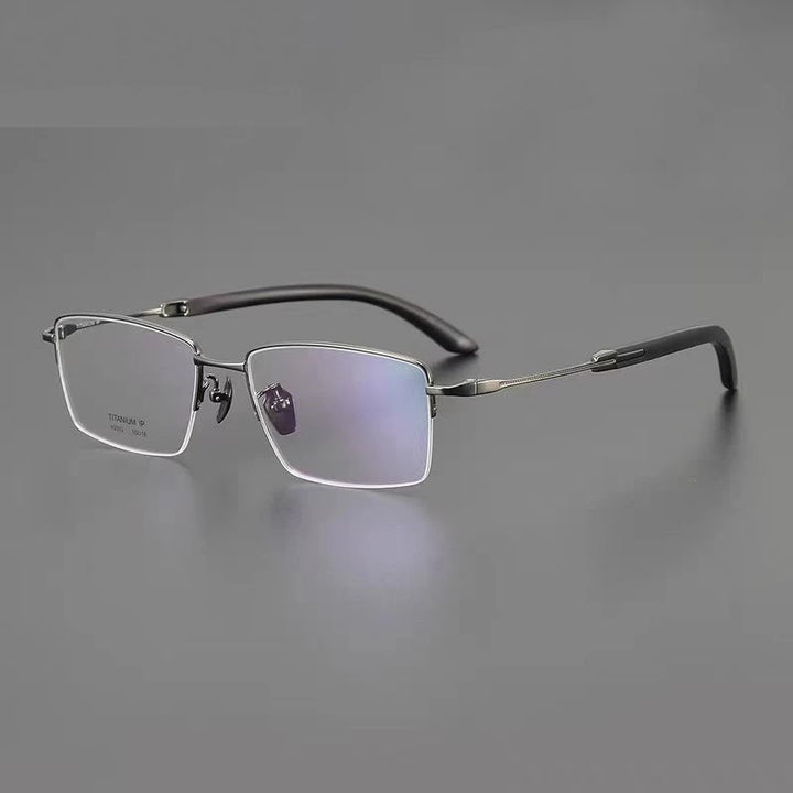 Chashma Ochki Unisex Semi Rim Square Titanium Wood Eyeglasses 312332 - Gray