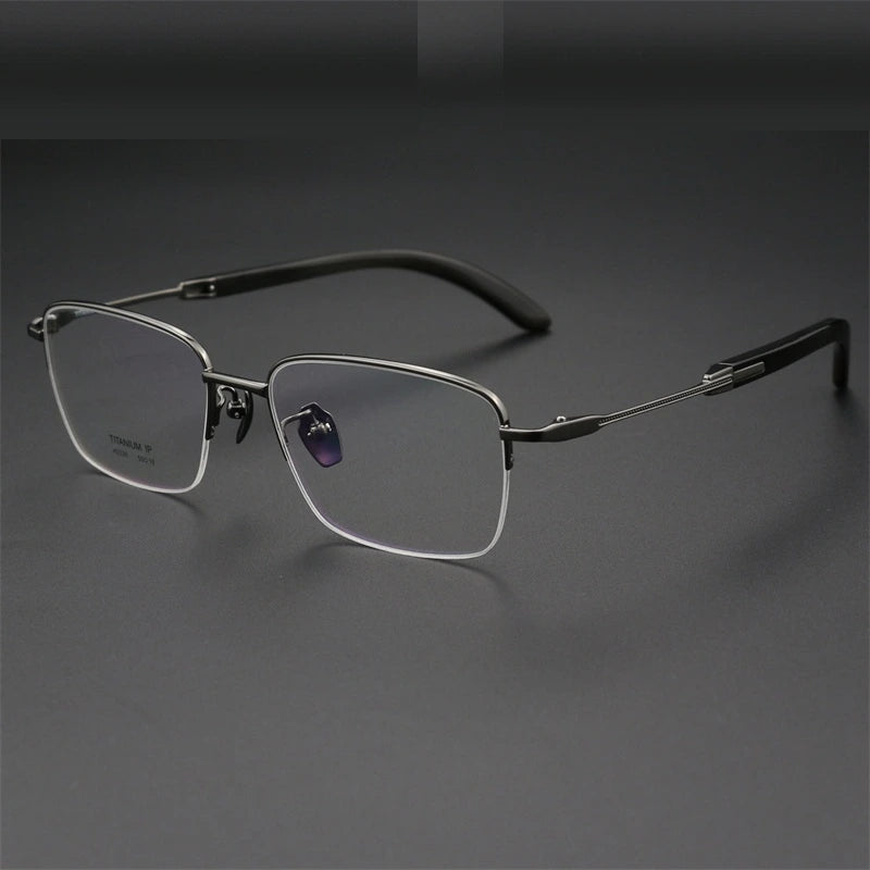 Chashma Ochki Unisex Semi Rim Square Titanium Horn Eyeglasses 312326 - Gray