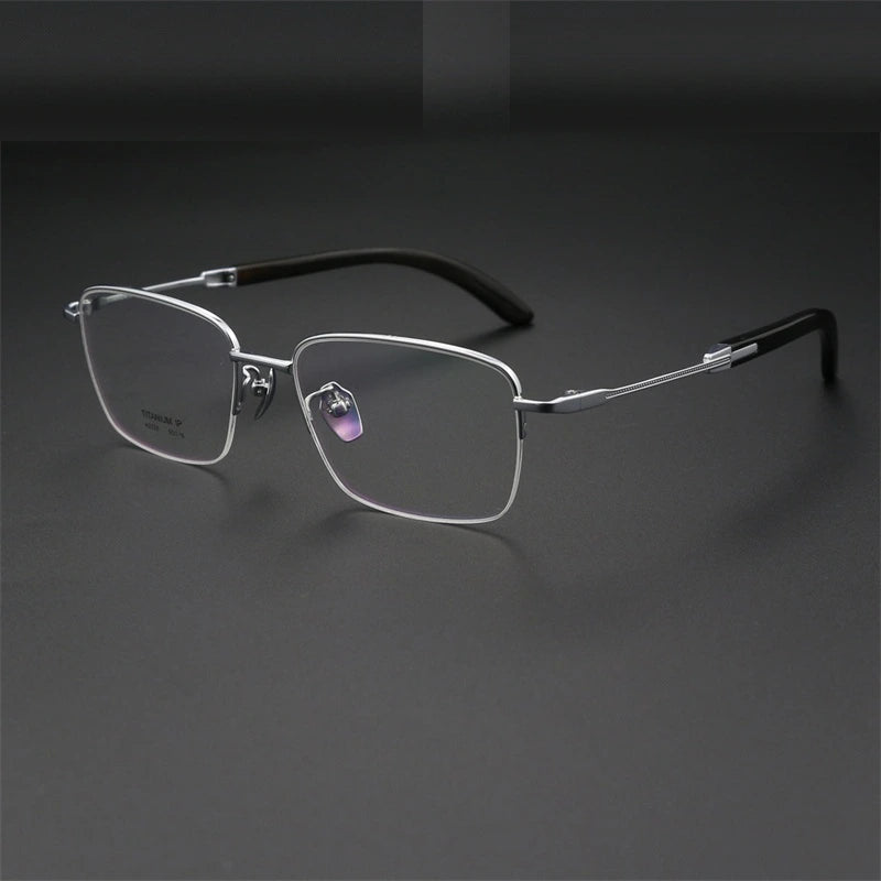 Chashma Ochki Unisex Semi Rim Square Titanium Horn Eyeglasses 312326 - Silver