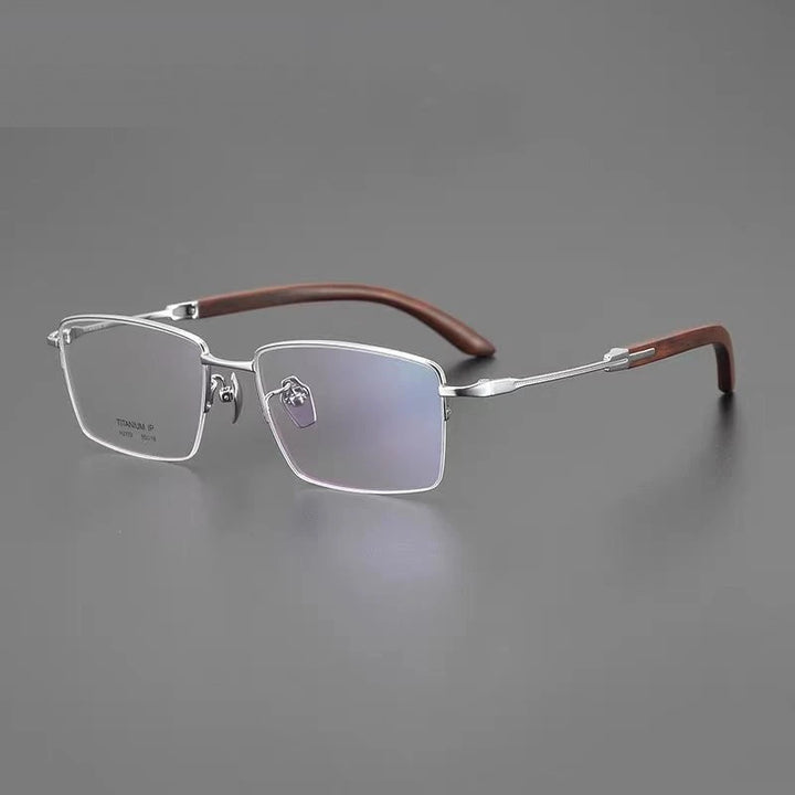Chashma Ochki Unisex Semi Rim Square Titanium Wood Eyeglasses 312332 - Silver
