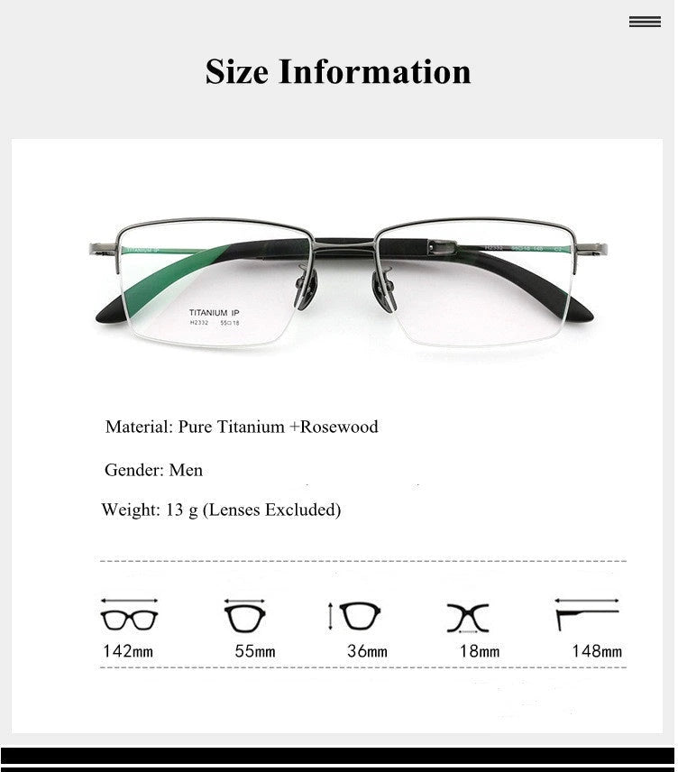 Chashma Ochki Unisex Semi Rim Square Titanium Wood Eyeglasses 312332 - Size Chart