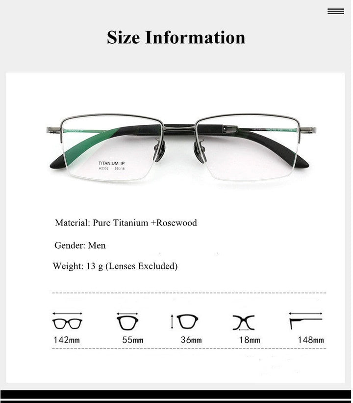 Chashma Ochki Unisex Semi Rim Square Titanium Wood Eyeglasses 312332 - Size Chart