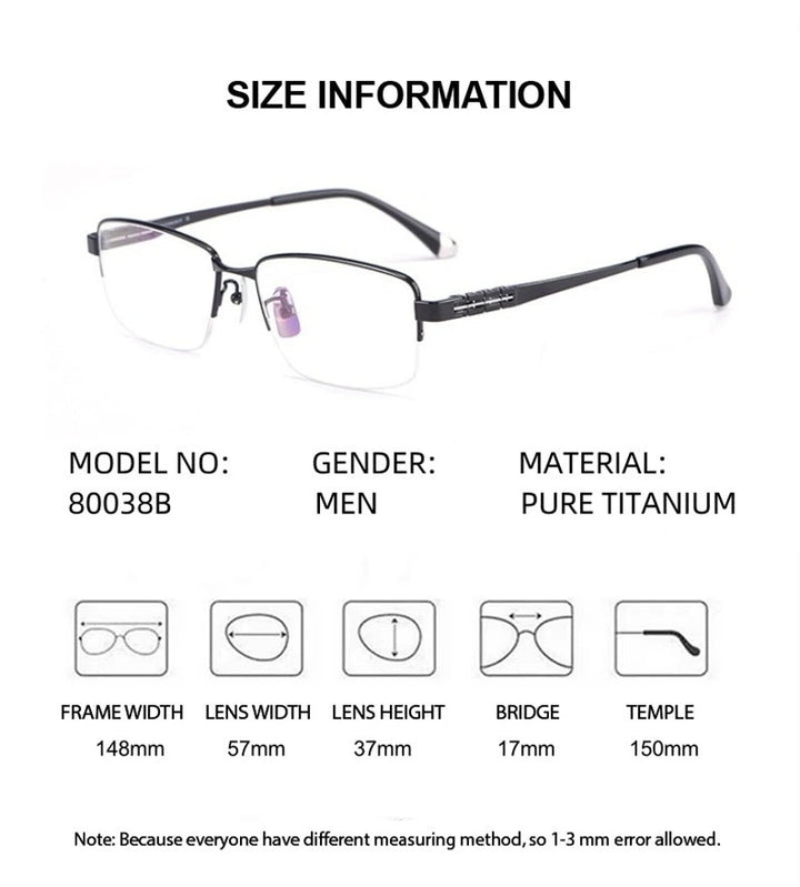 Chashma Ochki Unisex Semi Rim Square Titanium Eyeglasses 880038 - Size Chart