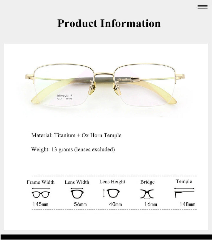 Chashma Ochki Unisex Semi Rim Square Titanium Horn Eyeglasses 312326 - Size Chart