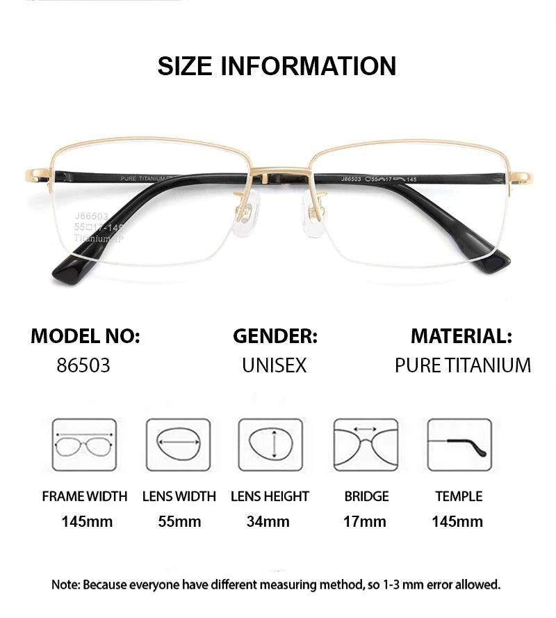 Chashma Ochki Unisex Semi Rim Square Titanium Eyeglasses 986503 - Size Chart