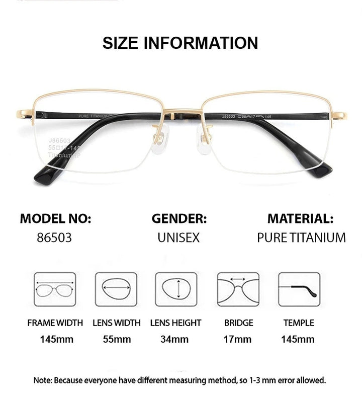 Chashma Ochki Unisex Semi Rim Square Titanium Eyeglasses 986503 - Size Chart